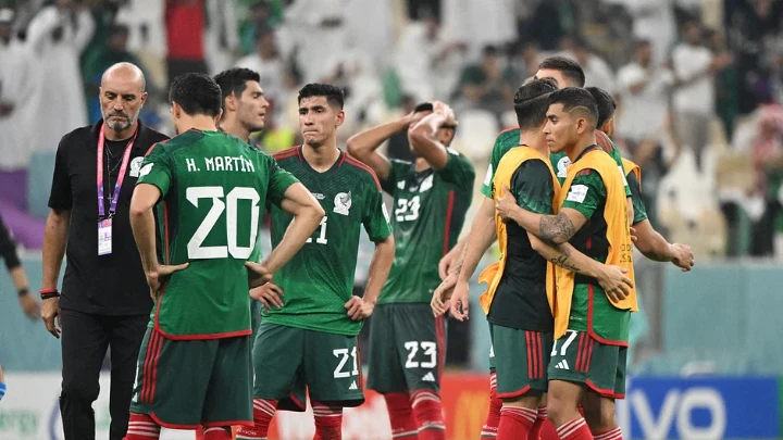 Mexico's Henry Martin, Uriel Antuna and Jesus Gallardo look dejected after the FIFA World Cup 2022 Group C match of Saudi Arabia v Mexico at the Lusail Stadium in Lusail, Qatar on 1 December, 2022 as Mexico are eliminated from the World Cup Reuters