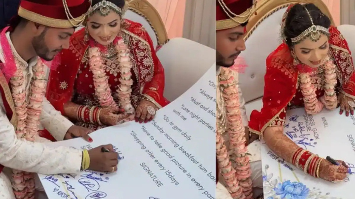 Indian couple signs an agreement that says “one pizza a month” in their wedding ceremony