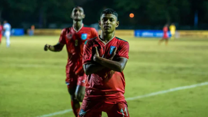 Bangladesh's Murshed Ali celebrates one of his two goals against Sri Lanka during the Saff U-17 Championship in Colombo Monday BFF