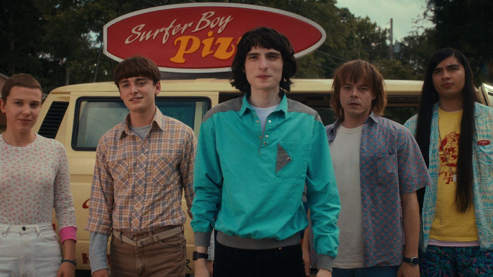 Millie Bobby Brown as Eleven, Noah Schnapp as Will Byers, Finn Wolfhard as Mike Wheeler, Charlie Heaton as Jonathan Byers, and Eduardo Franco as Argyle in "Stranger Things."