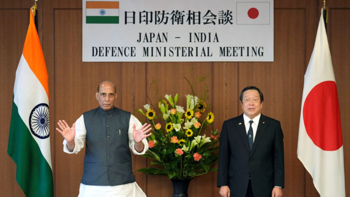 India’s defence minister Rajnath Singh and Japan's defence minister Yasukazu Hamada pose for photographs prior to the Japan-India bilateral defence meeting at the Japanese Defence Ministry in Tokyo, Japan, 08 September 2022. FRANCK ROBICHON/Pool via REUTERS