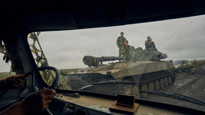 A Ukrainian tank on the road in the freed territory in the Kharkiv region, Ukraine, Monday, Sept. 12, 2022. (AP)