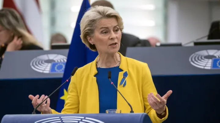 The European Commission president, Ursula von der Leyen, told MEPs: ‘This is the time for us to show resolve not appeasement.’ Photograph: Christophe Petit-Tesson/EPA