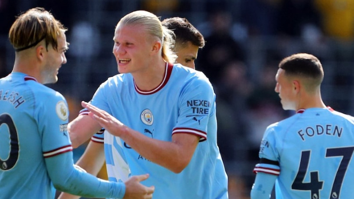 Premier League: Erling Haaland celebrates his goal with Manchester City teammates.