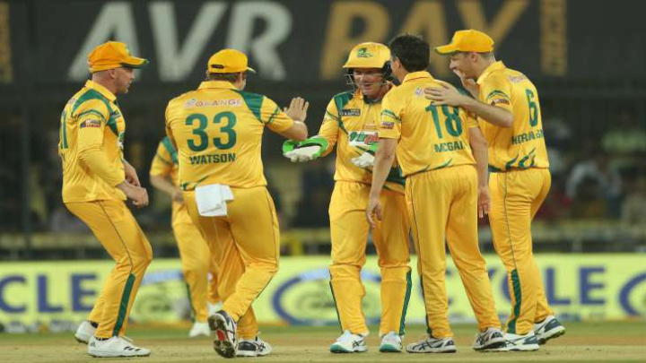 Australia Legends celebrate a fall of wicket against Bangladesh Legends in Road Safety World Series 2022