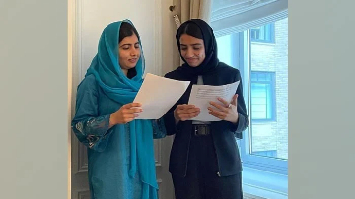Malala Yousafzai practising her speech with Afghan girl Somaya Faruqi. — Instagram