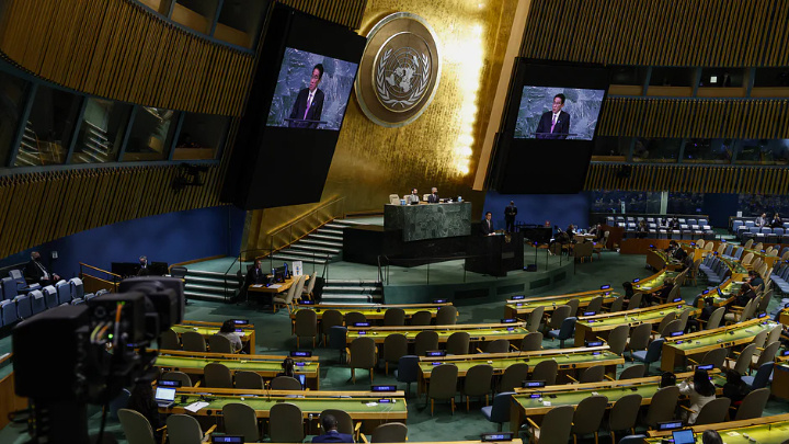 Japanese prime minister Fumio Kishida speaks at the 77th session of the United Nations General Assembly (UNGA) at UN headquarters on September 20, 2022 in New York CityAFP