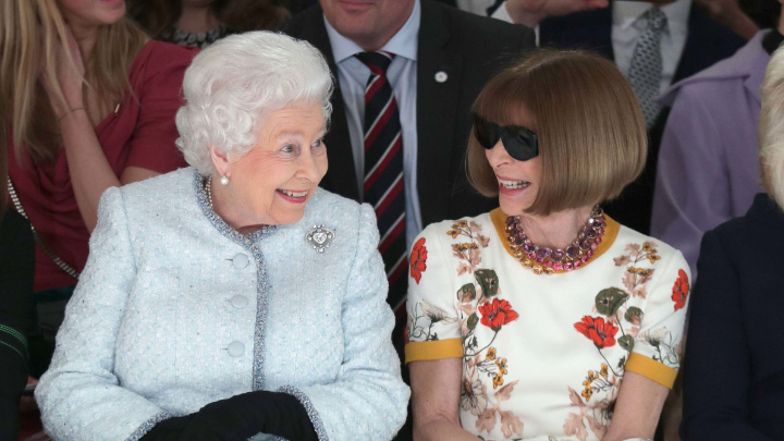 Queen Elizabeth and Anna Wintour on the front row of Richard Quinn's fashion show during London Fashion Week in 2018.
