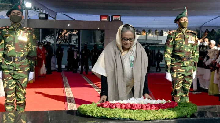 Prime Minister Sheikh Hasina places wreath at the portrait of the Father of the Nation in front of Bangabandhu Memorial Museum at Dhaka's Dhanmondi-32. Photo: PID