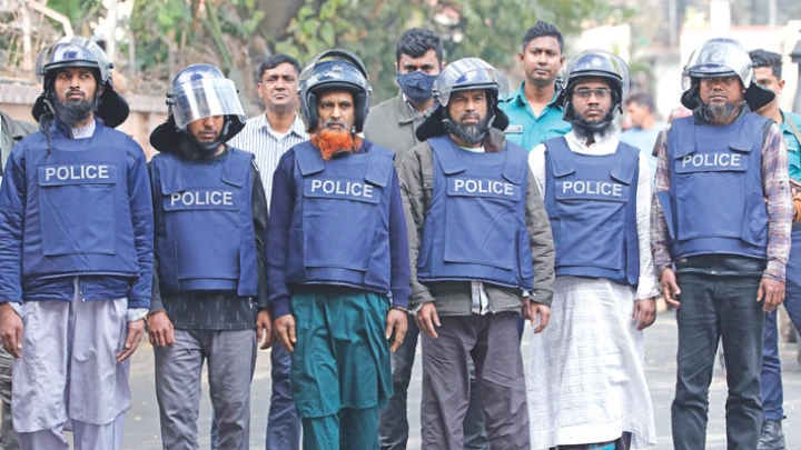 Police arrested six members of the banned militant outfit Harkat-ul-Jihad (Huji) from different parts of the capital on Friday. The arrestees were produced before the journalists at the DMP media centre in the capital on Saturday. – sun photo