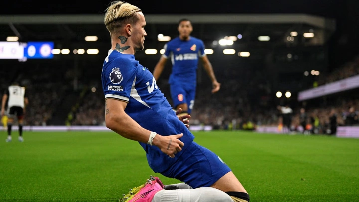 Chelsea's Mykhailo Mudryk celebrates after scoring their first goal. PHOTO: REUTERS