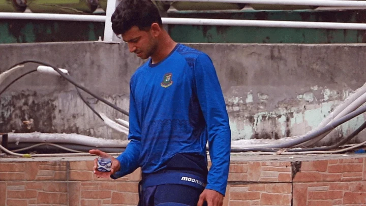 Nayeem Hasan looks at his right index finger after suffering an injury during training on Tuesday. Photo: Firoz Ahmed