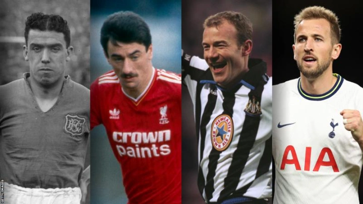 Dixie Dean (left), Ian Rush (centre left), Alan Shearer (centre right) and Harry Kane (right) are four of the most prolific goalscorers in English top-flight history