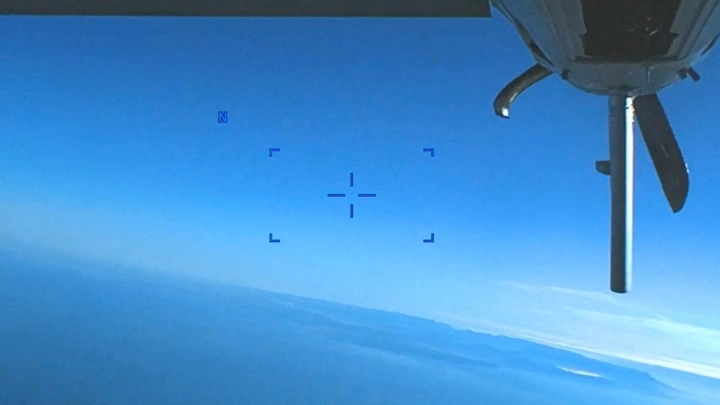 A view of a damaged prop of US Air Force intelligence, surveillance, and reconnaissance unmanned MQ-9 aircraft, also known as a "Reaper" drone, following an impact by a Russian Su-27 military aircraft over the Black Sea, 14 March, 2023 in this still image taken from handout video released by the Pentagon. Courtesy of US European Command/The Pentagon/Handout via REUTERS
