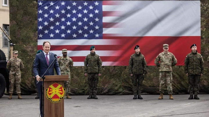 US ambassador to Poland Marek Brzezinski speaks during the inauguration ceremony of the permanent US Army Garrison Poland, at Camp Kosciuszko in Poznan, on 21 March, 2023. AFP