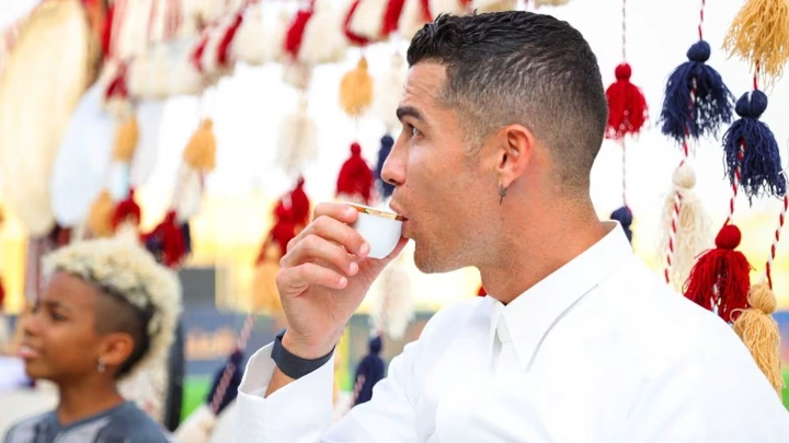 Al-Nassr's Cristiano Ronaldo celebrates Saudi Arabia's Founding Day wearing local traditional clothes at Al-Nassr Football Club in Riyadh, Saudi Arabia, February 22, 2023. Al-Nassr FC/Handout via REUTERS