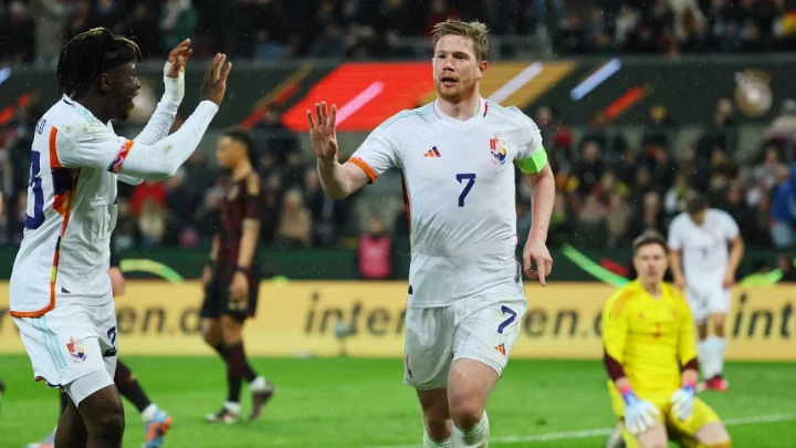Belgium midfield maestro Kevin de Bruyne scored a decisive third goal and picked up two assists as the Red Devils withstood a late onslaught from Germany to secure a 3-2 in Cologne on Tuesday. Photo: Reuters