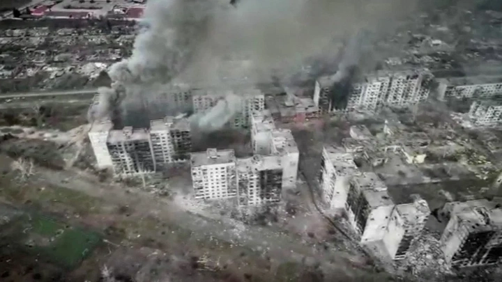Drone footage over Bakhmut, Donetsk region shows devastation amid fierce fighting during Russia's ongoing invasion of Ukraine in this still image obtained from social media video released March 26, 2023. Reuters