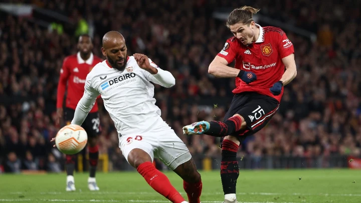 Manchester United's Marcel Sabitzer opens the scoring during Thursday's Europa league quarter-final, first leg at home to Sevilla AFP