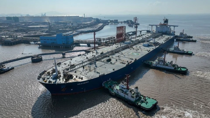 An aerial view shows a crude oil tanker at an oil terminal off Waidiao island in Zhoushan, Zhejiang province, China January 4, 2023. China Daily via REUTERS