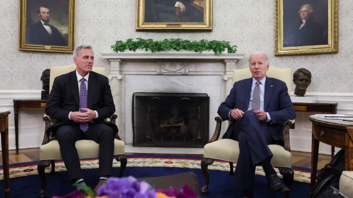 House Speaker Kevin McCarthy (R-CA) sits for debt limit talks with U.S. President Joe Biden in the Oval Office at the White House in Washington, U.S., May 22, 2023. REUTERS/Leah Millis/File Photo