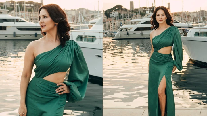 Cannes 2023: Sunny Leone's Emerald Gown Against Cote d'Azur Blue Is Stunning.