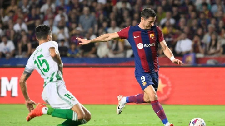 Barcelona's Robert Lewandowski in action during Saturday’s LaLiga match at home to Betis Photo: AFP