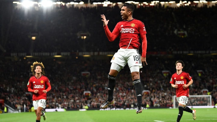 Manchester United's Casemiro celebrates after scoring their second goal. PHOTO: REUTERS