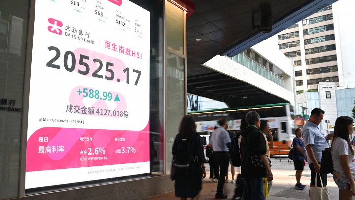 Pedestrians walk past a sign showing the numbers of the Hang Seng Index in Hong Kong on September 27, 2024. Photo: AFP/FILE