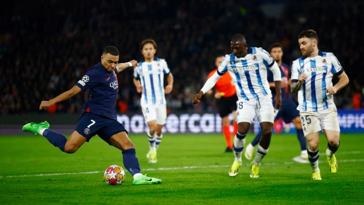 Soccer Football - Champions League - Paris St Germain v Real Sociedad - Parc des Princes, Paris, France - February 14, 2024 Paris St Germain's Kylian Mbappe shoots at goal REUTERS/Sarah Meyssonnier