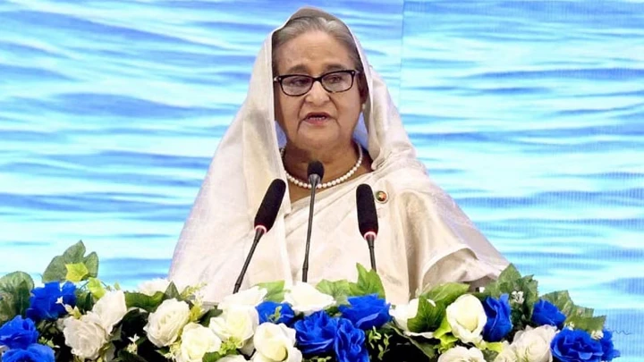 Prime Minister Sheikh Hasina addresses a function marking the golden jubilee of enacting the law titled "The Territorial Waters and Maritime Zones Act, 1974" at BICC in Dhaka on February 22, 2024. Photo: BSS