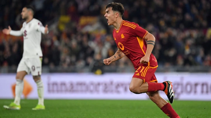 Roma's Argentine forward Paulo Dybala celebrates after scoring the team second goal during the Italian Serie A match against Torino on February 26, 2024 at the Olympic stadium in Rome. PHOTO: AFP