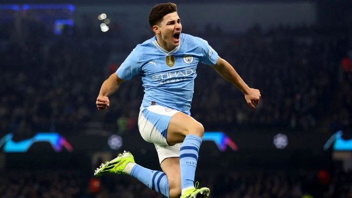 Manchester City's Julian Alvarez celebrates after scoring their second goal. PHOTO: Reuters