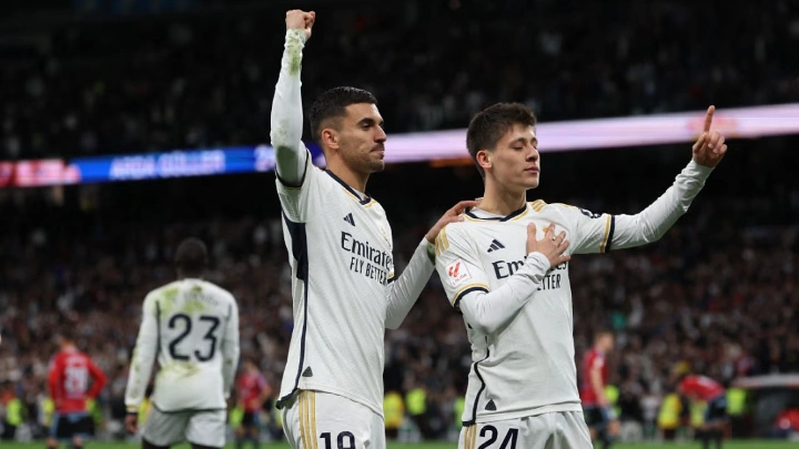 Real Madrid's Turkish midfielder #24 Arda Guler celebrates scoring his team's fourth goal during the Spanish league football match between Real Madrid CF and RC Celta de Vigo at the Santiago Bernabeu stadium in Madrid on March 10, 2024. Photo: AFP