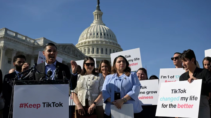 Congressman Robert Garcia (D-CA) speaks as he is joined by fellow House members Rep. Maxwell Frost (D-FL), Rep. Sara Jacobs (D-CA) and Rep. Delia Ramirez (D-IL) and TikTok creators during a press conference to voice their opposition to the “Protecting Americans from Foreign Adversary Controlled Applications Act," pending crackdown legislation on TikTok in the House of Representatives, on Capitol Hill in Washington, U.S., March 12, 2024. REUTERS/Craig Hudson
