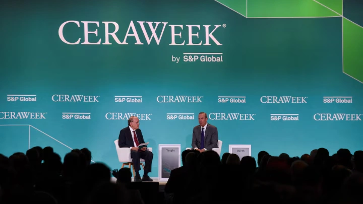 Mike Wirth, the CEO of Chevron Corporation, speaks with Daniel Yergin, the vice chairman of S&P Global, as top energy executives and officials from around the world gather during the CERAWeek 2023 by S&P Global, energy conference in Houston, Texas, U.S., March 6, 2023. REUTERS/Callaghan O'Hare/File Photo