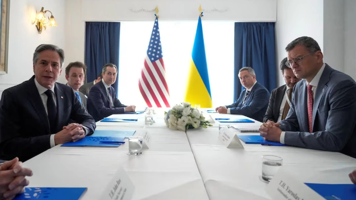 U.S. Secretary of State Antony Blinken and Ukraine Foreign Minister Dmytro Kuleba attend a bilateral meeting on the sidelines of the G7 Foreign Ministers meeting on Capri Island, Italy, Thursday, April 18, 2024. Gregorio Borgia/Pool via REUTERS 