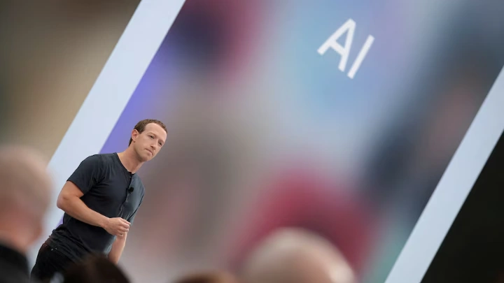 Meta CEO Mark Zuckerberg delivers a speech, as the letters AI for artificial intelligence appear on screen, at the Meta Connect event at the company's headquarters in Menlo Park, California, U.S., September 27, 2023. REUTERS/Carlos Barria/File Photo