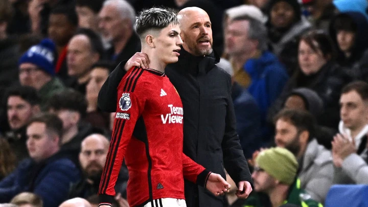 Manchester United's Alejandro Garnacho with manager Erik ten Hag after being substituted. Photo: Reuters