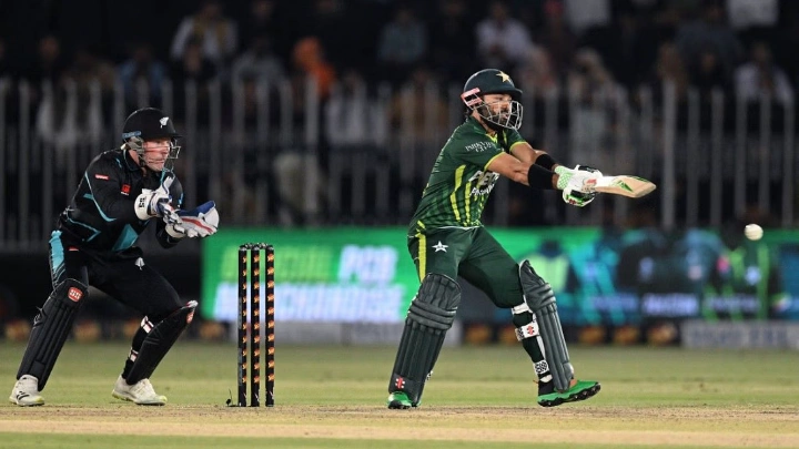 Pakistan's Mohammad Rizwan plays a shot during the second Twenty20 international against New Zealand at the Rawalpindi Cricket Stadium in Rawalpindi, on April 20, 2024. PHOTO: AFP