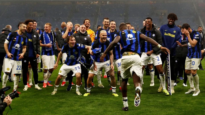 Inter Milan's Marcus Thuram celebrates with teammates after winning Serie A title. PHOTO: REUTERS