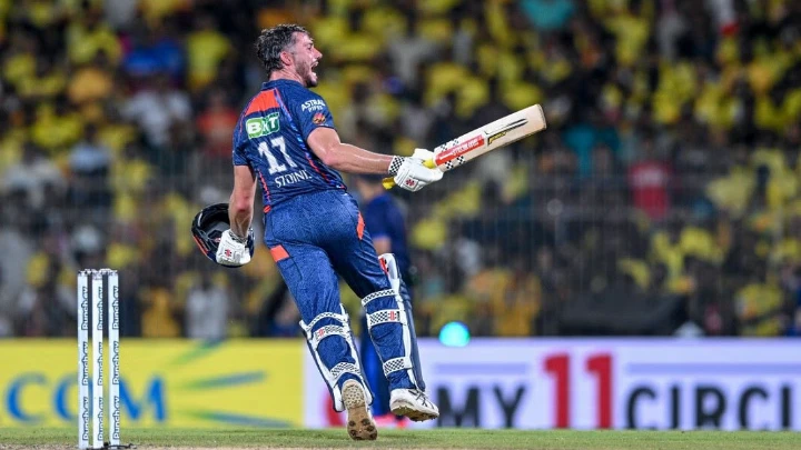 Lucknow Super Giants' Marcus Stoinis celebrates after his team's win against Chennai Super Kings in the Indian Premier League (IPL) match at the MA Chidambaram Stadium in Chennai on April 23, 2024. PHOTO: AFP