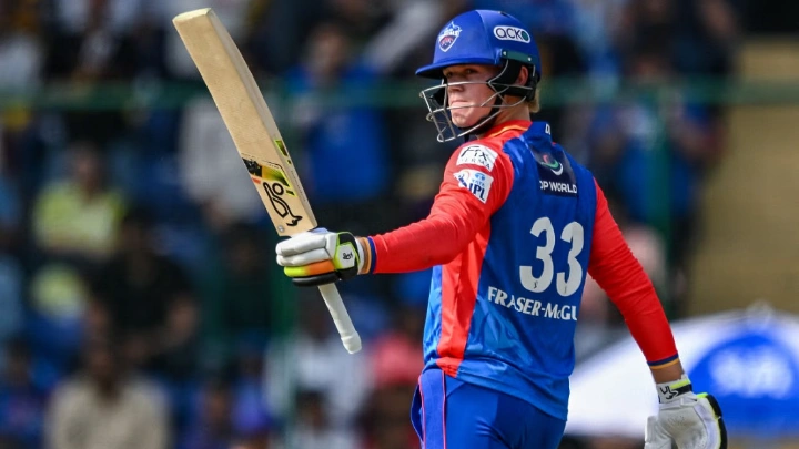 Delhi Capitals' Jake Fraser-McGurk celebrates after scoring a half-century (50 runs) during the Indian Premier League (IPL) Twenty20 cricket match between Delhi Capitals and Mumbai Indians at the Arun Jaitley Stadium in New Delhi on April 27, 2024. Photo: AFP