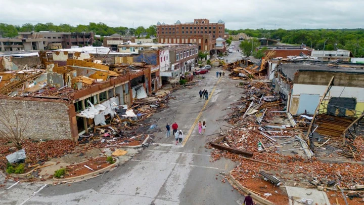 Damaged buildings are seen in an aerial photograph after the town was hit by a tornado the night before in Sulphur, Oklahoma, US. REUTERS