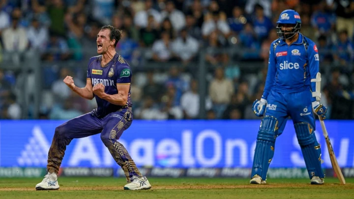 Kolkata Knight Riders' Mitchell Starc celebrates after his team's win in the Indian Premier League (IPL) match against Mumbai Indians at the Wankhede Stadium in Mumbai on May 3, 2024. Photo: AFP