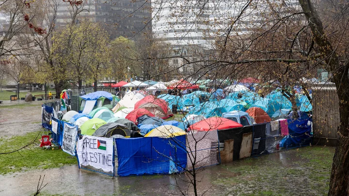 Pro-Palestinian students and activists protest at an encampment on the campus at McGill University in Montreal, Canada, on April 30, 2024. About a hundred people have set up an encampment on the McGill campus demanding the university divest from Israel-connected funds. Photo: AFP