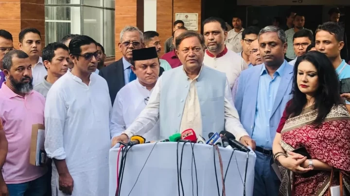 Foreign Minister Dr Hasan Mahmud talking to reporters on Sunday before a meeting of the parliamentary standing committee on Foreign Affairs, May 12, 2024. Photo: UNB