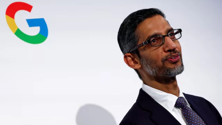 Sundar Pichai, CEO of Google and Alphabet, delivers a speech during the inauguration of a new hub in France dedicated to the artificial intelligence (AI) sector, at the Google France headquarters in Paris, France, February 15, 2024. REUTERS/Gonzalo Fuentes/File Photo