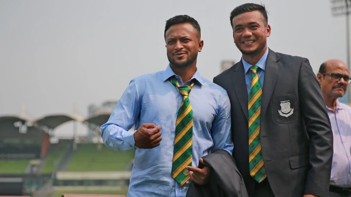 Shakib Al Hasan and Taskin Ahmed at the Sher-e-Bangla National Cricket Stadium in Mirpur on May 15, 2024. Photo: Firoz Ahmed