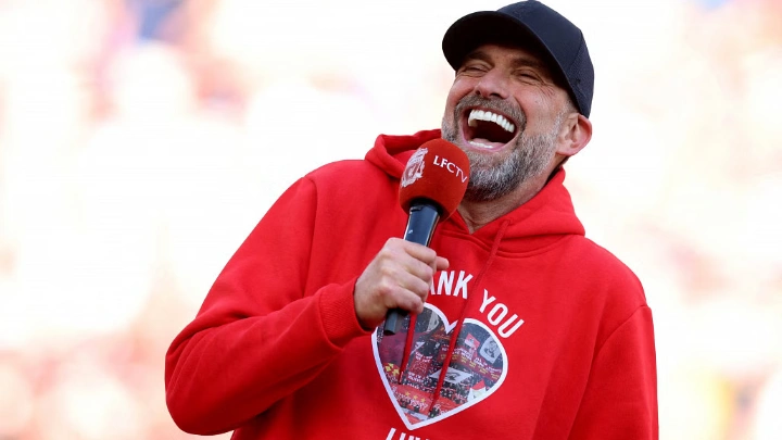 Juergen Klopp reacts as he gives a speech after his last match as Liverpool manager. Photo: Reuters